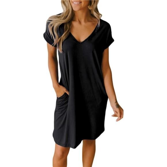 Women's V-Neck Short Sleeve Summer Dress, Casual Loose T-Shirt Tunic with Pocket